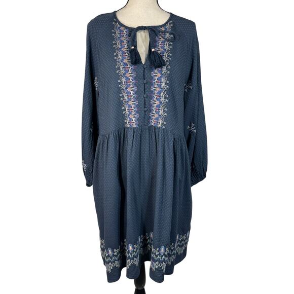 Knox Rose X-Large Shift Dress Embroidered Long Sleeve Tasseled Keyhole V-Neck - Picture 1 of 9